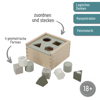 Formenspiel Sortierbox aus Holz oliv personalisiert mit Name und Datum Baby Geschenk mit Gravur