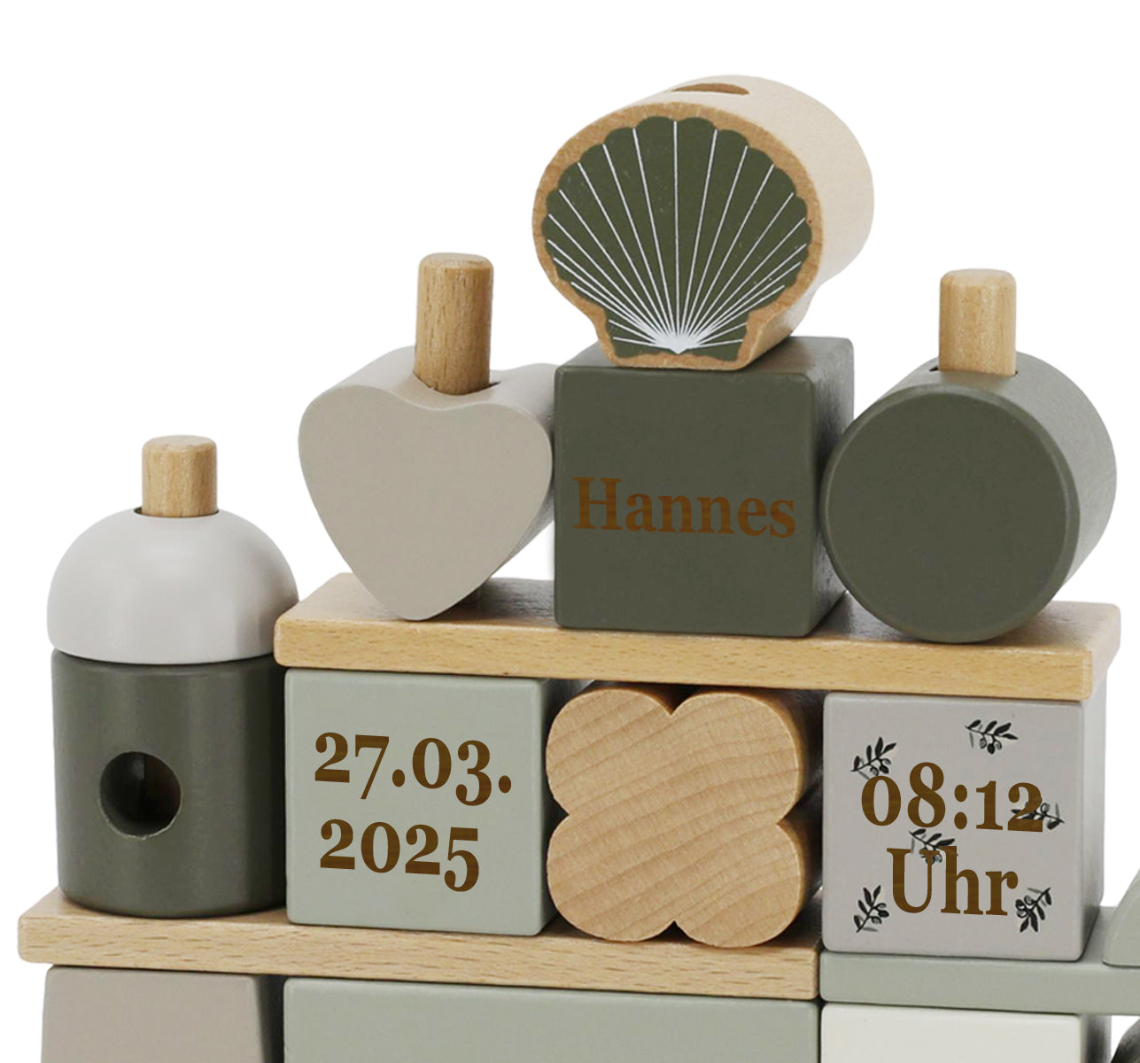 Steckspiel Haus olive personalisiert mit Name und Geburtsdaten Baby Geschenk mit Gravur