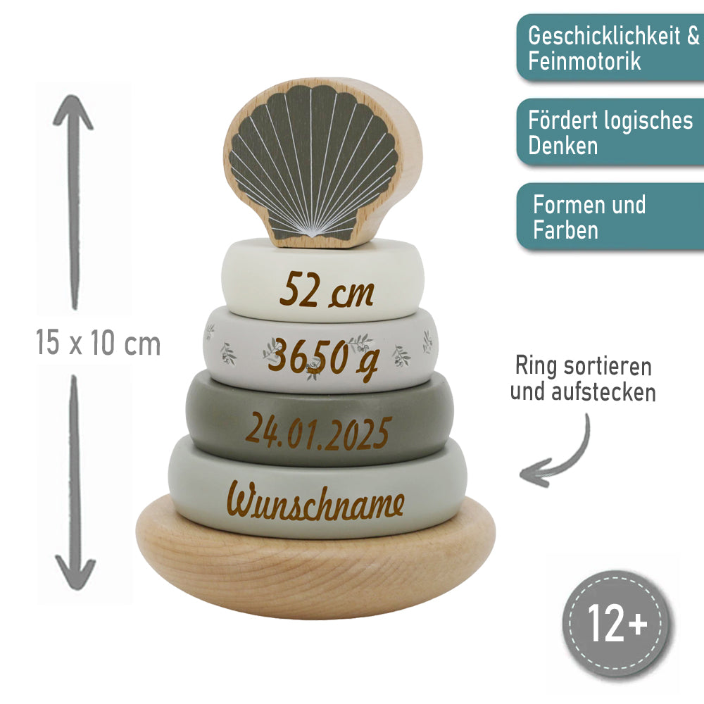 Holz Stapelturm oliv personalisiert mit Name und Geburtsdaten Baby Geschenk mit Gravur Geschenk zur Geburt oder Taufe
