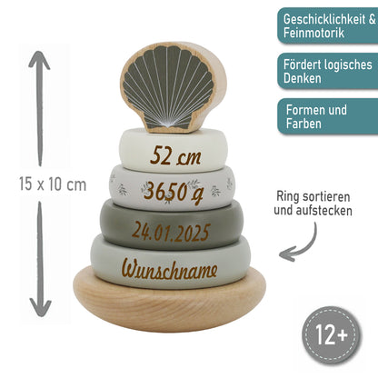 Holz Stapelturm oliv personalisiert mit Name und Geburtsdaten Baby Geschenk mit Gravur Geschenk zur Geburt oder Taufe