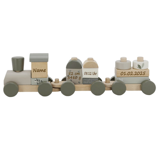 Holzzug Holz Eisenbahn oliv personalisiert mit Name und Geburtsdaten Baby Geschenk mit Gravur