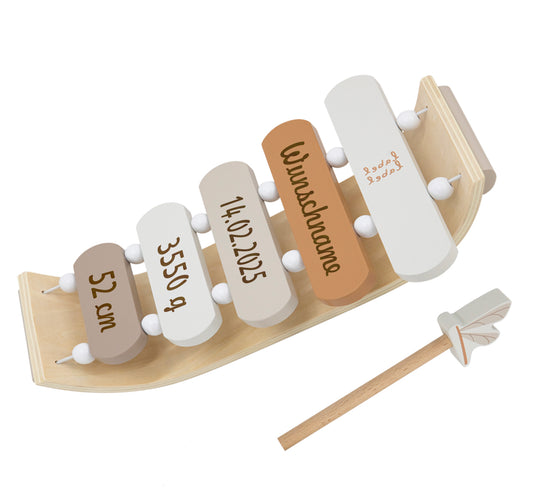 Xylophone aus Holz personalisiert mit Name und Geburtsdaten Geschenk zur Geburt Beige