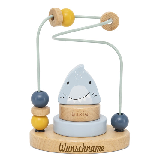 Trixie Mini Motorikschleife aus Holz PERSONALISIERT Steckspiel mit Namen graviert Geschenk zur Geburt Hai