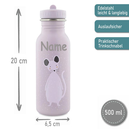 Edelstahl Trinkflasche für Kinder mit Namen graviert von Trixie ultraleicht auslaufsicher Trinkschnabel für Kinder ab 3 Jahren Maus