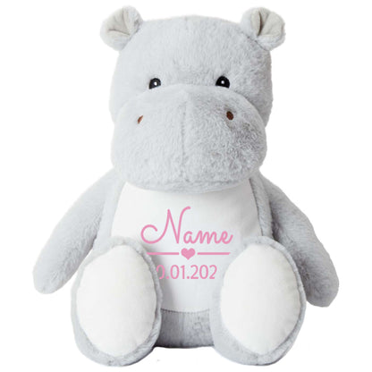 Stofftier Nilpferd mit Name personalisiert Kuscheltier für Kinder Flauschiges Plüschtier 40cm Motiv Name + Datum
