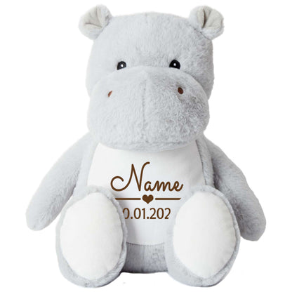 Stofftier Nilpferd mit Name personalisiert Kuscheltier für Kinder Flauschiges Plüschtier 40cm Motiv Name + Datum