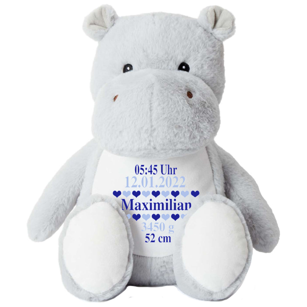 Stofftier Nilpferd mit Name personalisiert Kuscheltier für Kinder Flauschiges Plüschtier 40cm Motiv Geburt