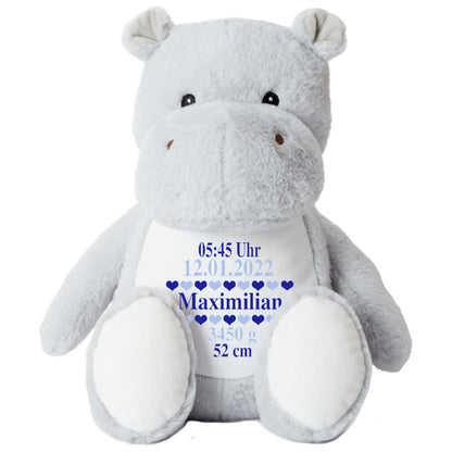 Stofftier Nilpferd mit Name personalisiert Kuscheltier für Kinder Flauschiges Plüschtier 40cm Motiv Geburt
