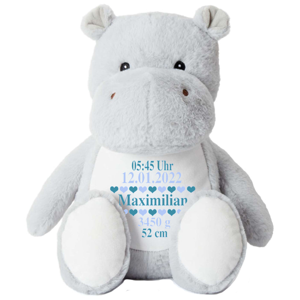 Stofftier Nilpferd mit Name personalisiert Kuscheltier für Kinder Flauschiges Plüschtier 40cm Motiv Geburt