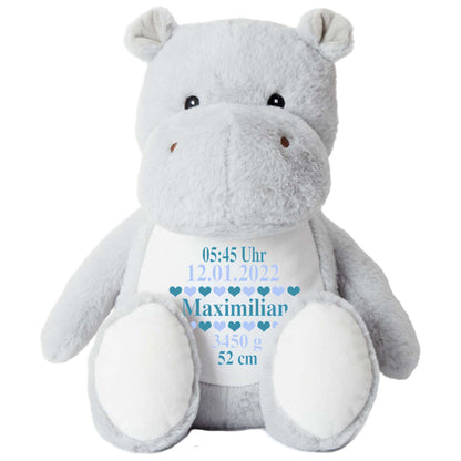 Stofftier Nilpferd mit Name personalisiert Kuscheltier für Kinder Flauschiges Plüschtier 40cm Motiv Geburt