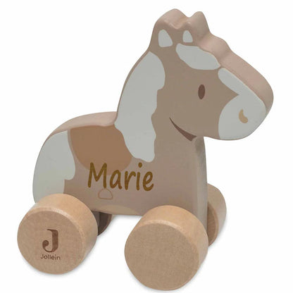 Holzspielzeug auf Rädern, personalisiert mit Name, Pferd, FSC-Holz, ab 1 Jahr