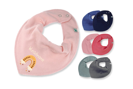 Personalisiertes HALSTUCH für Baby oder Kind aus Baumwolle in Einheitsgröße mit Motiv Regenbogen gelb und Wunschname bedruckt