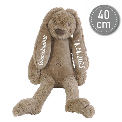 Stofftier Hase mit Namen und Geburtsdatum personalisiert Geschenk braun