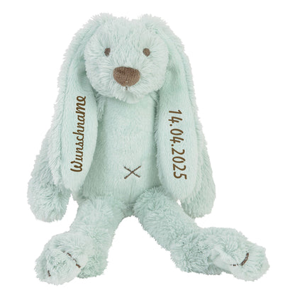 Stofftier Hase mit Namen und Geburtsdatum personalisiert Geschenk mint