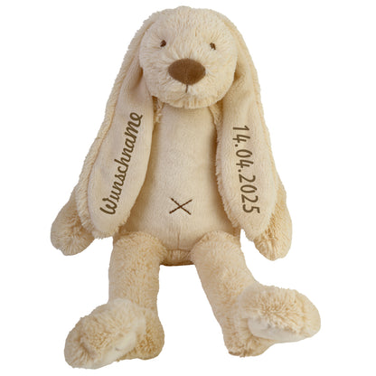 Stofftier Hase mit Namen und Geburtsdatum personalisiert Geschenk beige