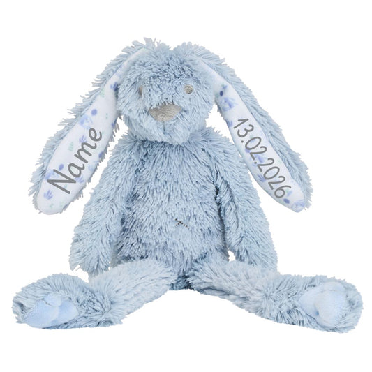 Stofftier Hase mit Namen und Geburtsdatum Kuschelhase personalisiert Geschenk blau grafik