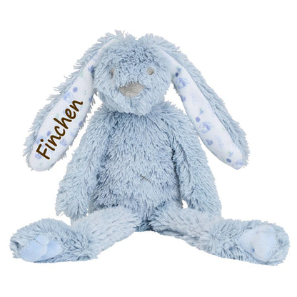 Stofftier Hase mit Namen und Geburtsdatum Kuschelhase personalisiert Geschenk blau grafik