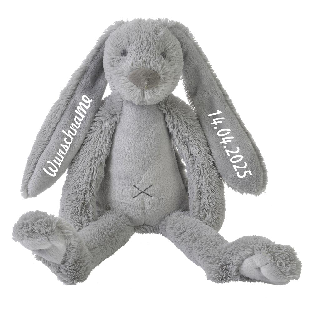 Stofftier Hase mit Namen und Geburtsdatum personalisiert Geschenk grau