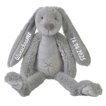 Stofftier Hase mit Namen und Geburtsdatum personalisiert Geschenk grau