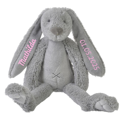 Stofftier Hase mit Namen und Geburtsdatum personalisiert Geschenk grau