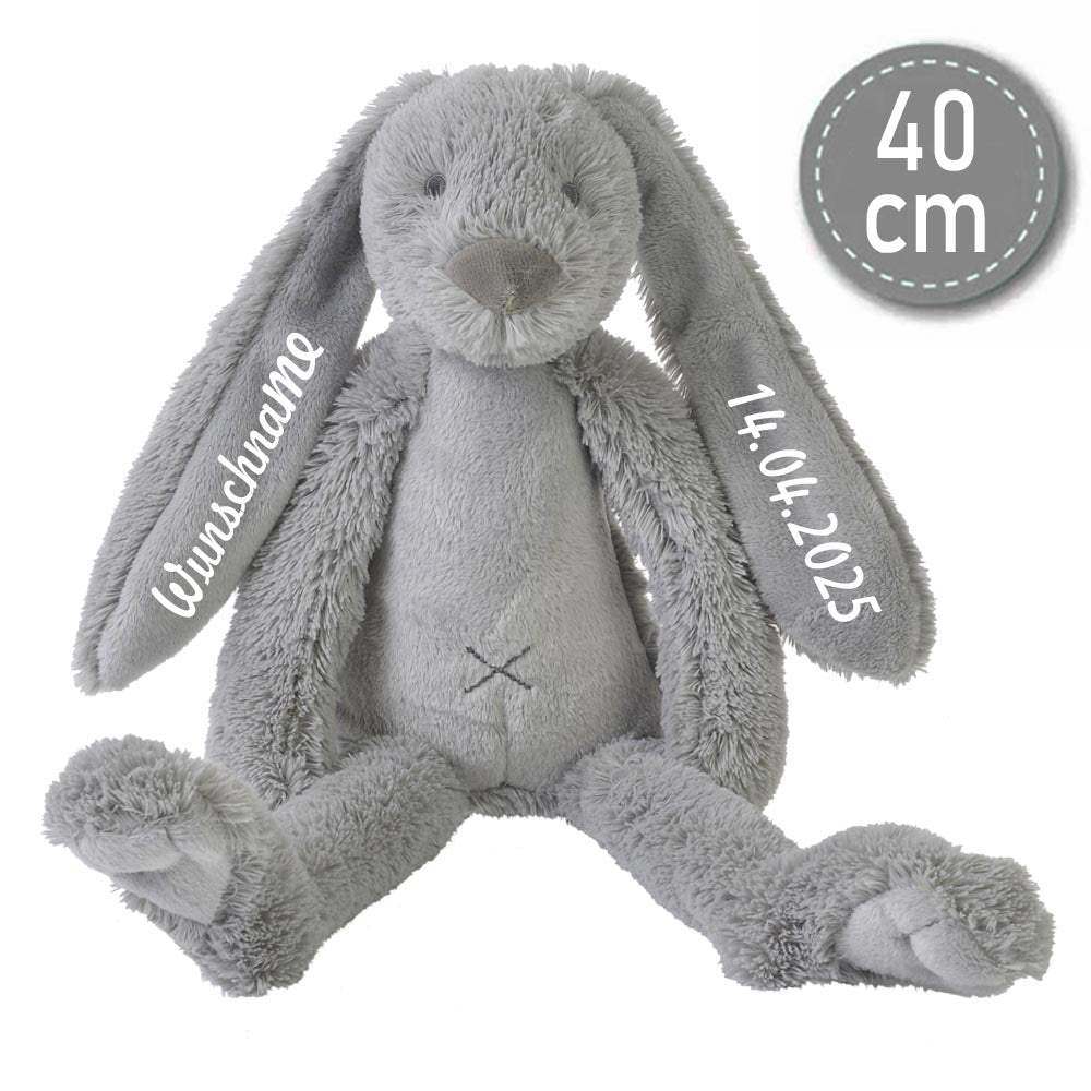 Stofftier Hase mit Namen und Geburtsdatum personalisiert Geschenk grau