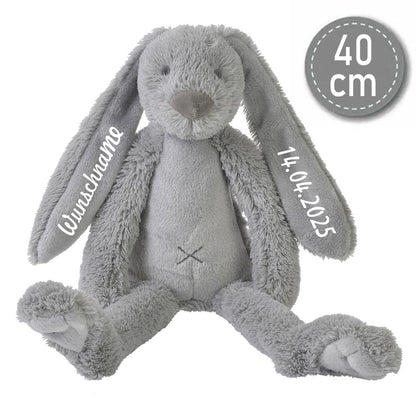 Stofftier Hase mit Namen und Geburtsdatum personalisiert Geschenk grau