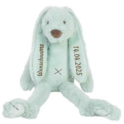 Stofftier Hase mit Namen und Geburtsdatum personalisiert Geschenk mint