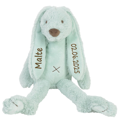 Stofftier Hase mit Namen und Geburtsdatum personalisiert Geschenk mint