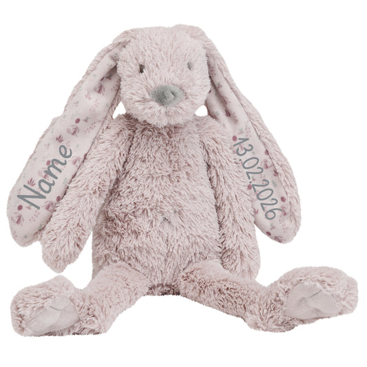Stofftier Hase mit Namen und Geburtsdatum Kuschelhase personalisiert Geschenk altviolett