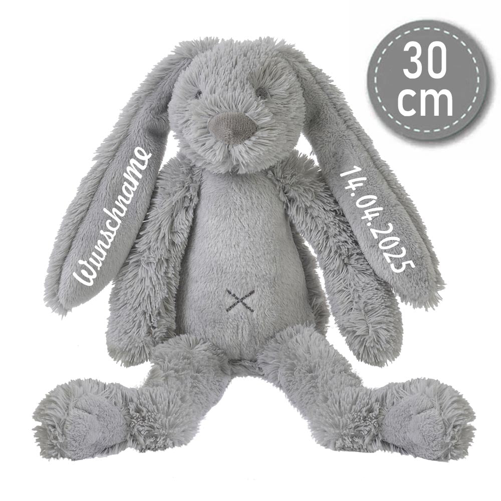 Stofftier Hase mit Namen und Geburtsdatum personalisiert Geschenk grau