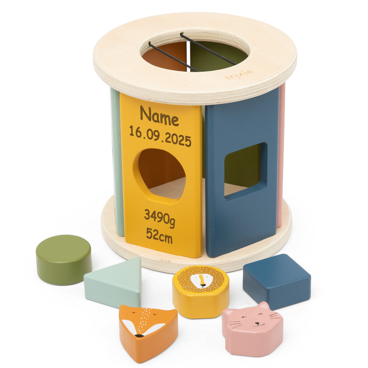 Holz Sortierspiel Rolle personalisiert, Trixie Steckspiel mit Tiergesichtern und geometrischen Formen, Lernspielzeug für Babys