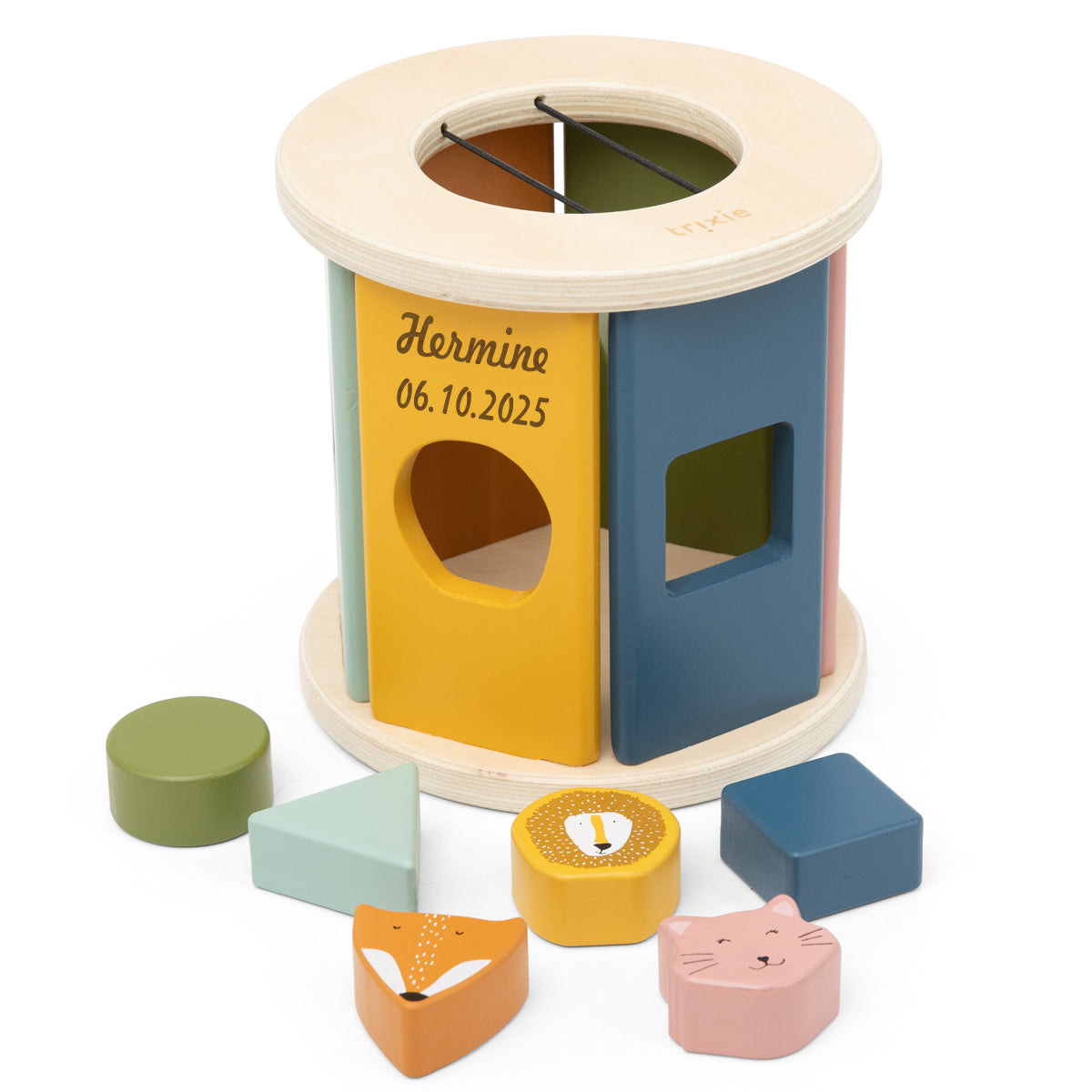 Holz Sortierspiel Rolle personalisiert, Trixie Steckspiel mit Tiergesichtern und geometrischen Formen, Lernspielzeug für Babys