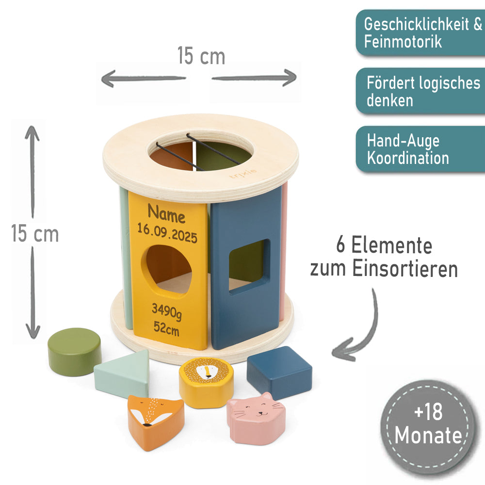 Holz Sortierspiel Rolle personalisiert, Trixie Steckspiel mit Tiergesichtern und geometrischen Formen, Lernspielzeug für Babys
