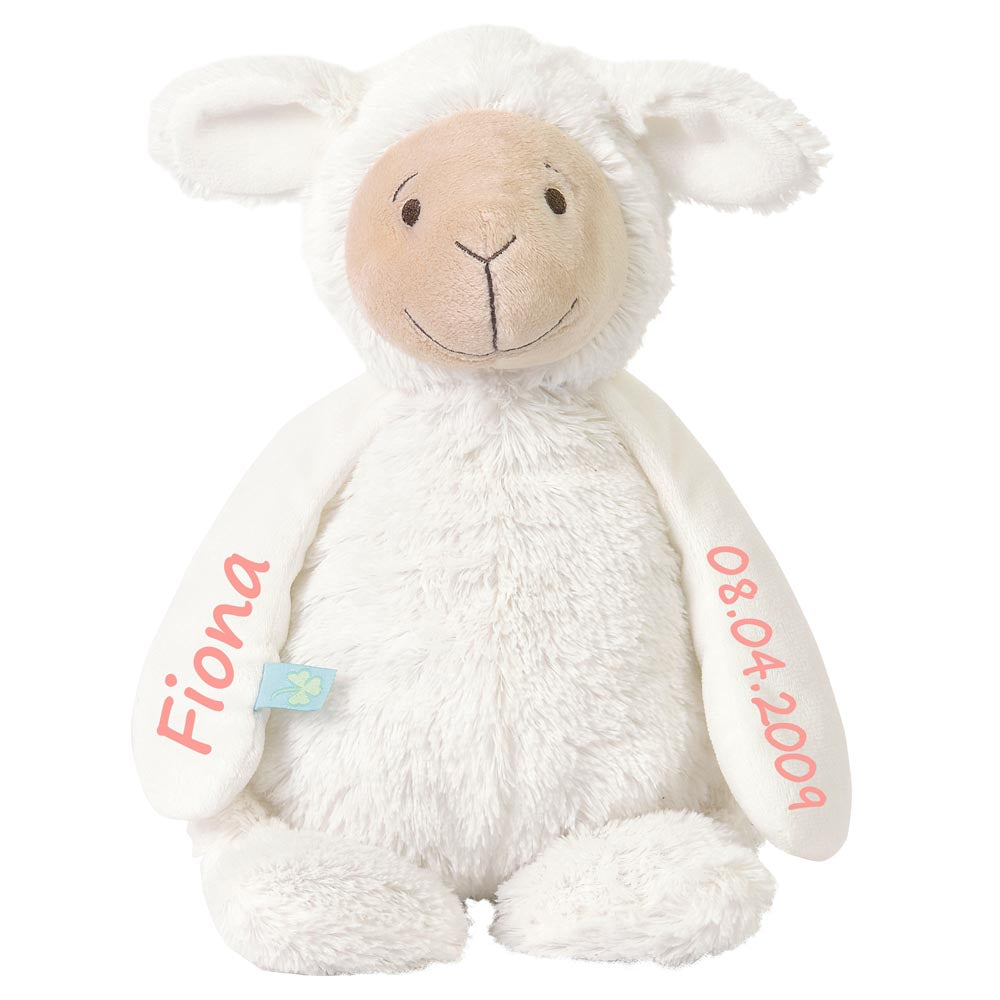 Stofftier Schaf mit Namen und Geburtsdatum personalisiert Geschenk 20cm weiß Aufdruck hellblau
