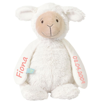 Stofftier Schaf mit Namen und Geburtsdatum personalisiert Geschenk 20cm weiß Aufdruck hellblau