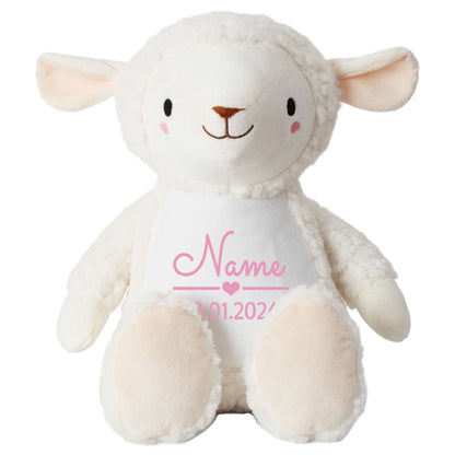 Stofftier Schaf mit Name personalisiert Kuscheltier für Kinder Flauschiges Plüschtier 40cm Motiv Name und Datum