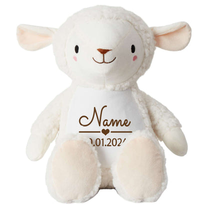 Stofftier Schaf mit Name personalisiert Kuscheltier für Kinder Flauschiges Plüschtier 40cm Motiv Name und Datum