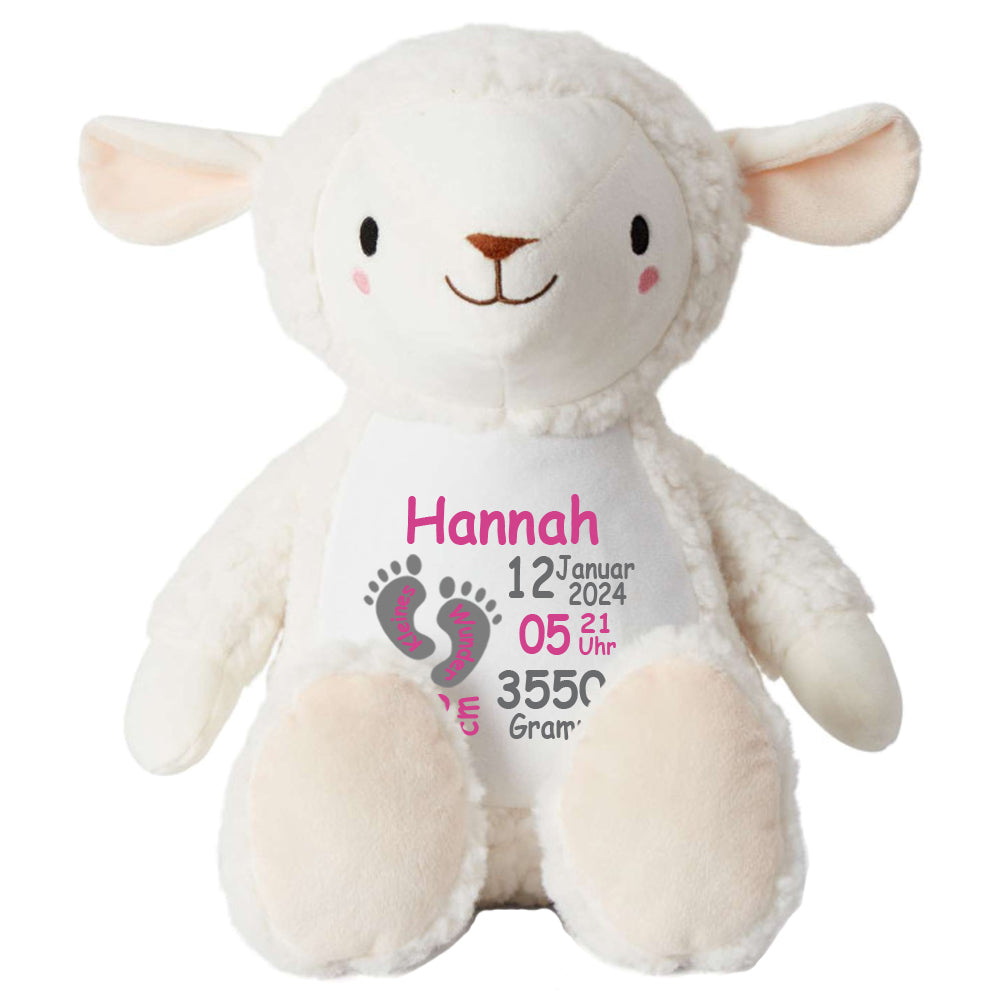 Stofftier Schaf mit Name personalisiert Kuscheltier für Kinder Flauschiges Plüschtier 40cm Motiv Füßchen