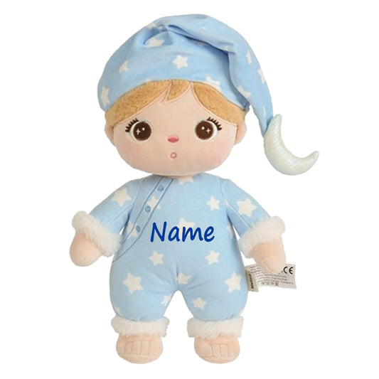 Personalisierte Schlafpuppe mit Schlafmütze weiche Plüschpuppe mit Namen Sternenmuster Schlafanzug Hellblau