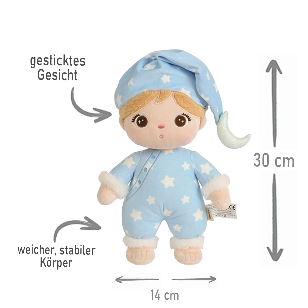 Personalisierte Schlafpuppe mit Schlafmütze weiche Plüschpuppe mit Namen Sternenmuster Schlafanzug Hellblau