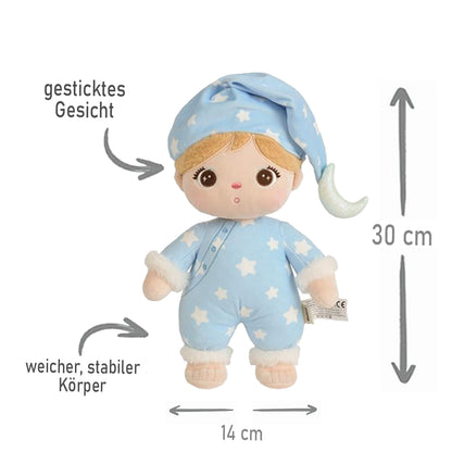 Personalisierte Schlafpuppe mit Schlafmütze weiche Plüschpuppe mit Namen Sternenmuster Schlafanzug Hellblau