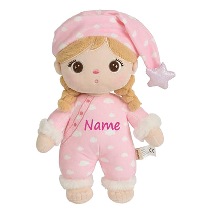 Personalisierte Schlafpuppe mit Schlafmütze weiche Plüschpuppe mit Namen Sternenmuster Schlafanzug Rosa