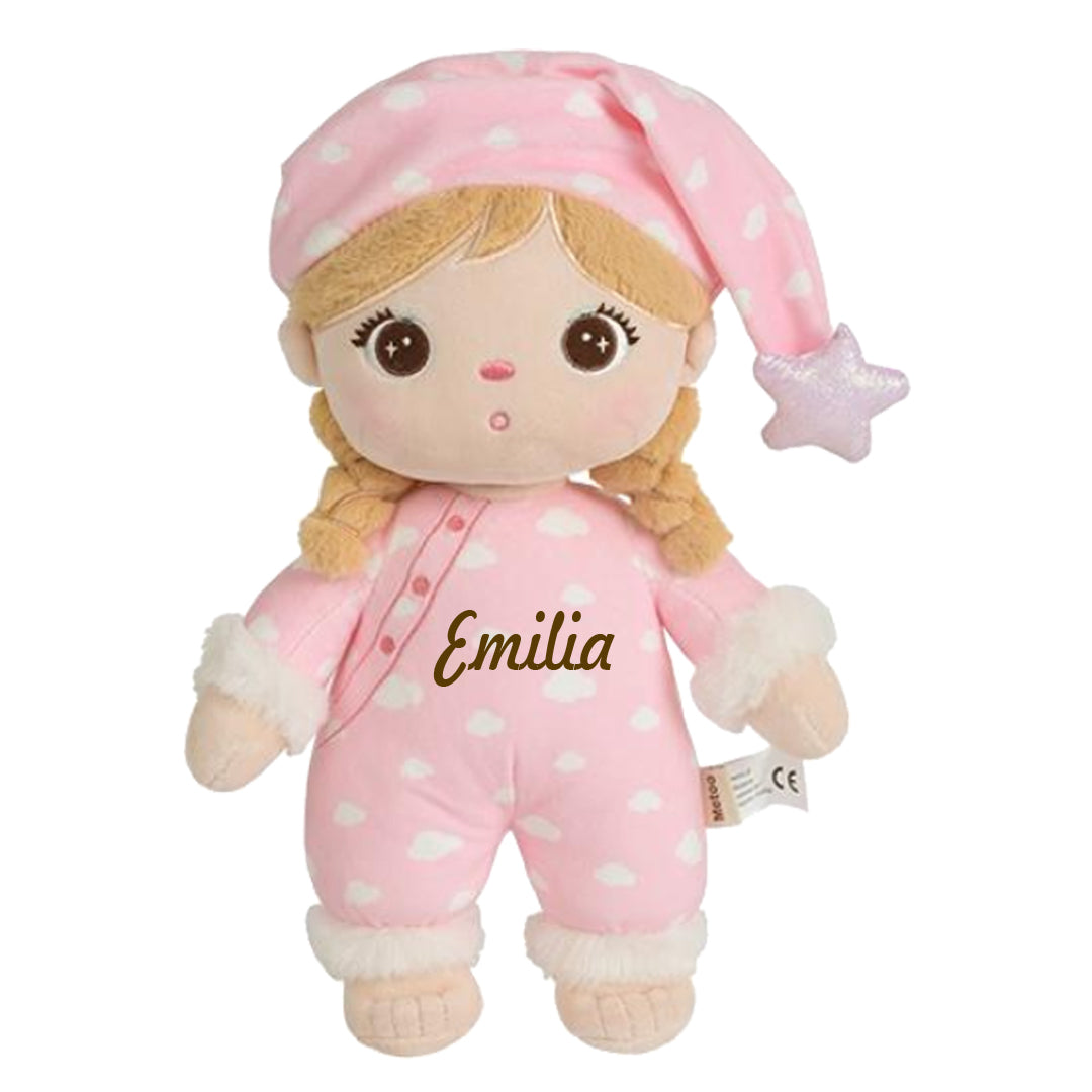 Personalisierte Schlafpuppe mit Schlafmütze weiche Plüschpuppe mit Namen Sternenmuster Schlafanzug Rosa