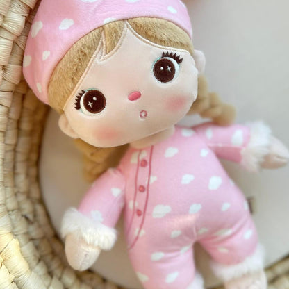 Personalisierte Schlafpuppe mit Schlafmütze weiche Plüschpuppe mit Namen Sternenmuster Schlafanzug Rosa