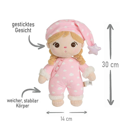 Personalisierte Schlafpuppe mit Schlafmütze weiche Plüschpuppe mit Namen Sternenmuster Schlafanzug Rosa