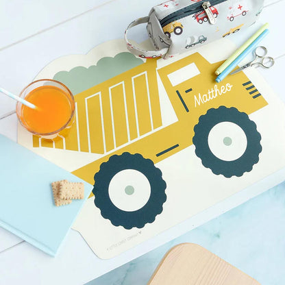 Kinder Tischset mit Wunschname personalisiert, Kipplader, Tischunterlage
