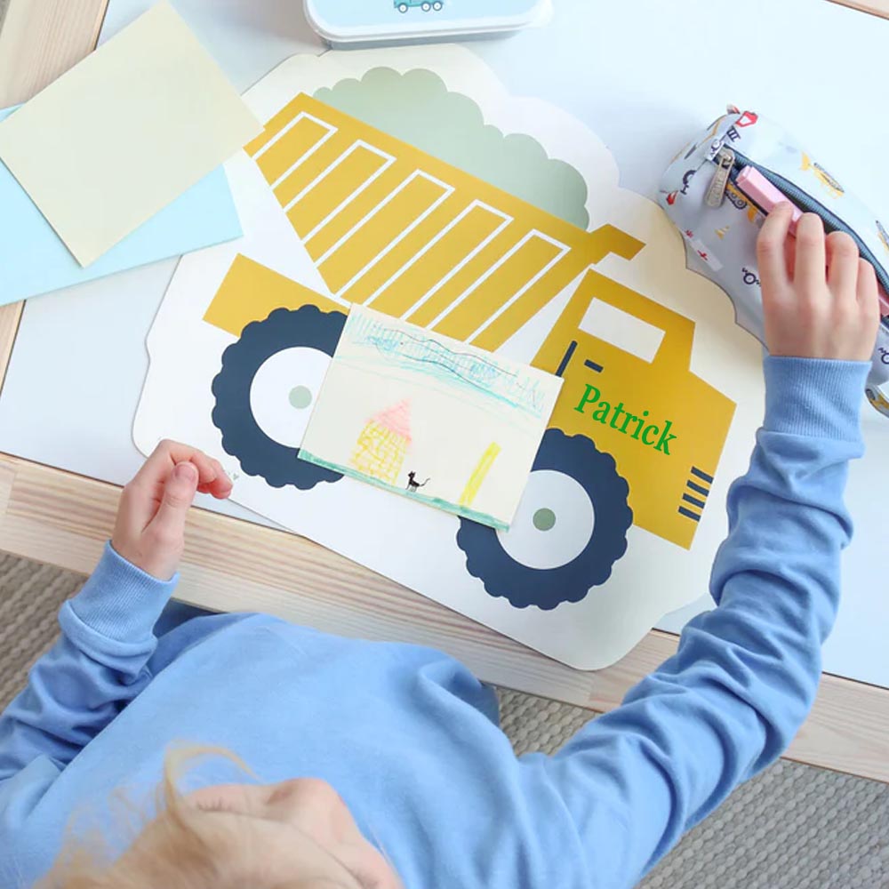 Kinder Tischset mit Wunschname personalisiert, Kipplader, Tischunterlage