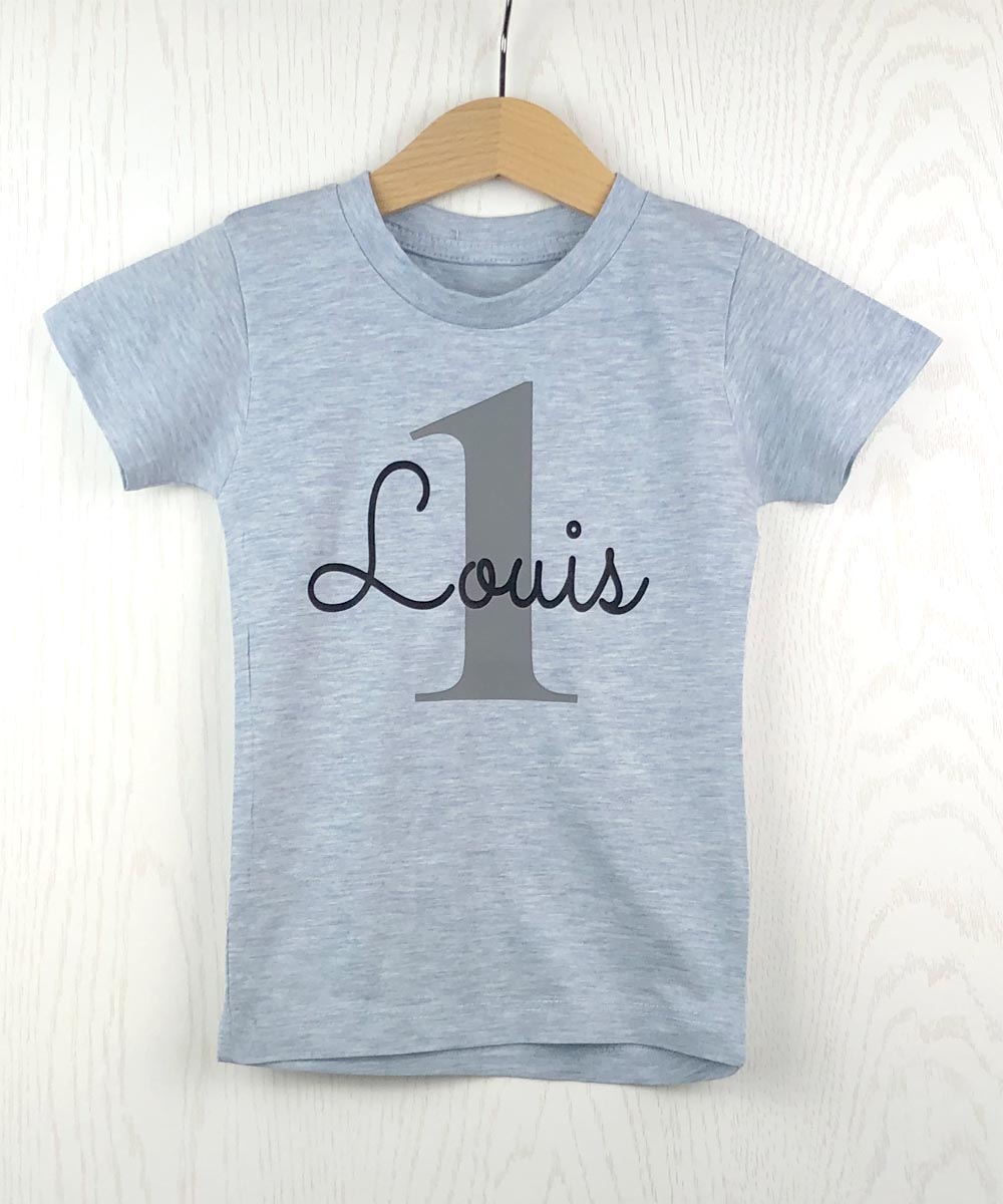 GEBURTSTAGSSHIRT für Baby und Kind mit Namen personalisiert T-Shirt aus Baumwolle Hellblau meliert
