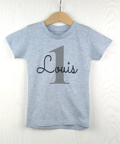 GEBURTSTAGSSHIRT für Baby und Kind mit Namen personalisiert T-Shirt aus Baumwolle Hellblau meliert