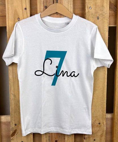 GEBURTSTAGSSHIRT für Baby und Kind mit Namen personalisiert T-Shirt aus Baumwolle Weiß